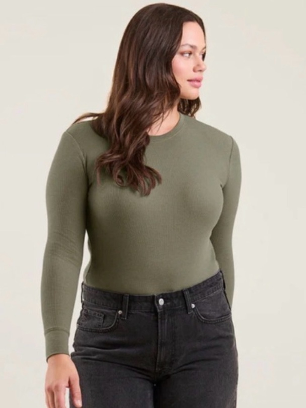 Nuuds Waffle Thermal Crewneck Bodysuit Olive Green Size L